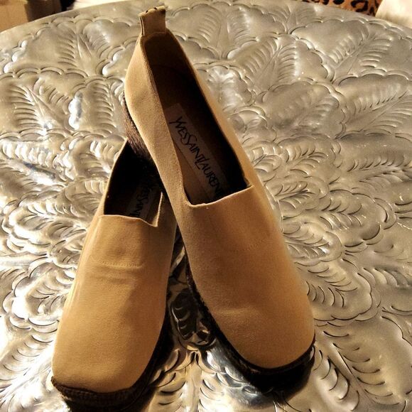 YvesSaintLaurent stretchy wedges,khaki in color and dark brown braiding wedge - Picture 1 of 8